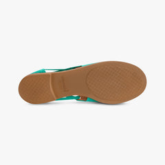 Teal sandal with brown sole on a white background