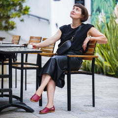 Woman wearing Burgundy Peep Toes