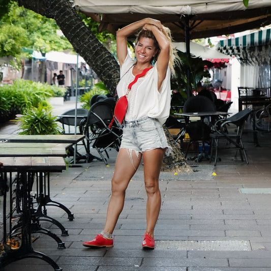 Patty with her imperial red crossbody and oxfords