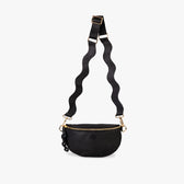 Black Crossbody bag hanging from wavy strap