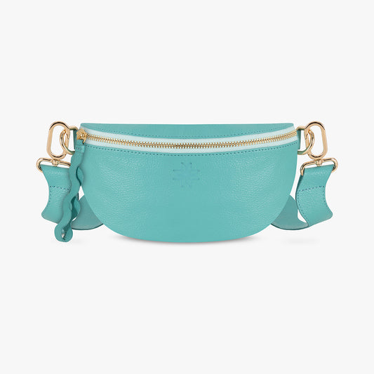 Turquoise leather crossbody bag front