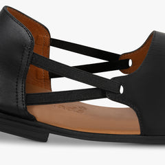 black sandals for women elastic close up detail