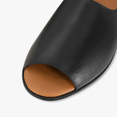black sandals for women peep toe leather close up