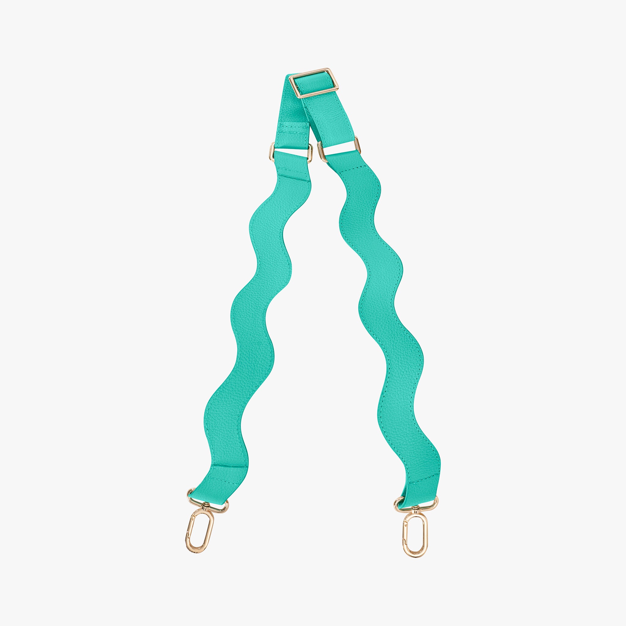 Teal strap with gold hardware on a white background