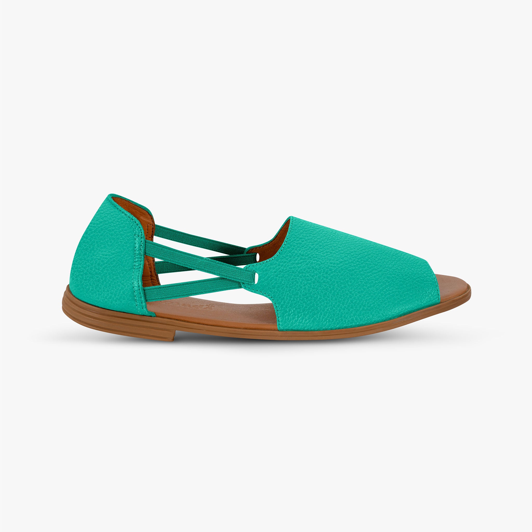 Turquoise sandal with brown sole on a white background