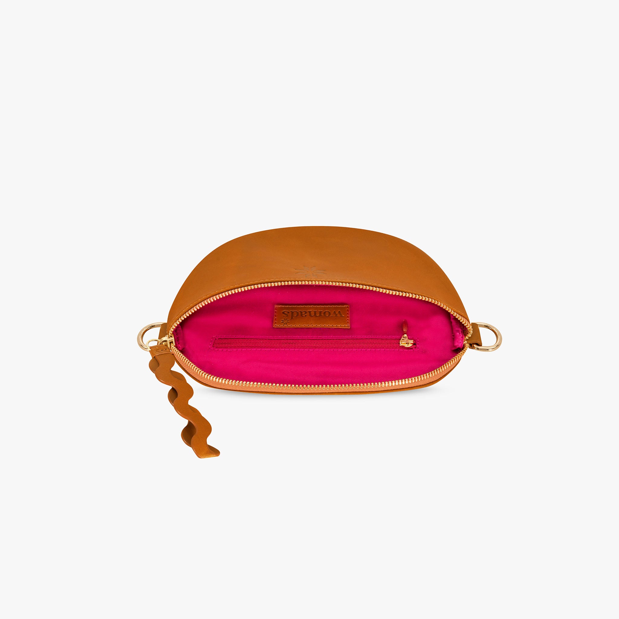 Small brown leather bag with a pink interior on a white background