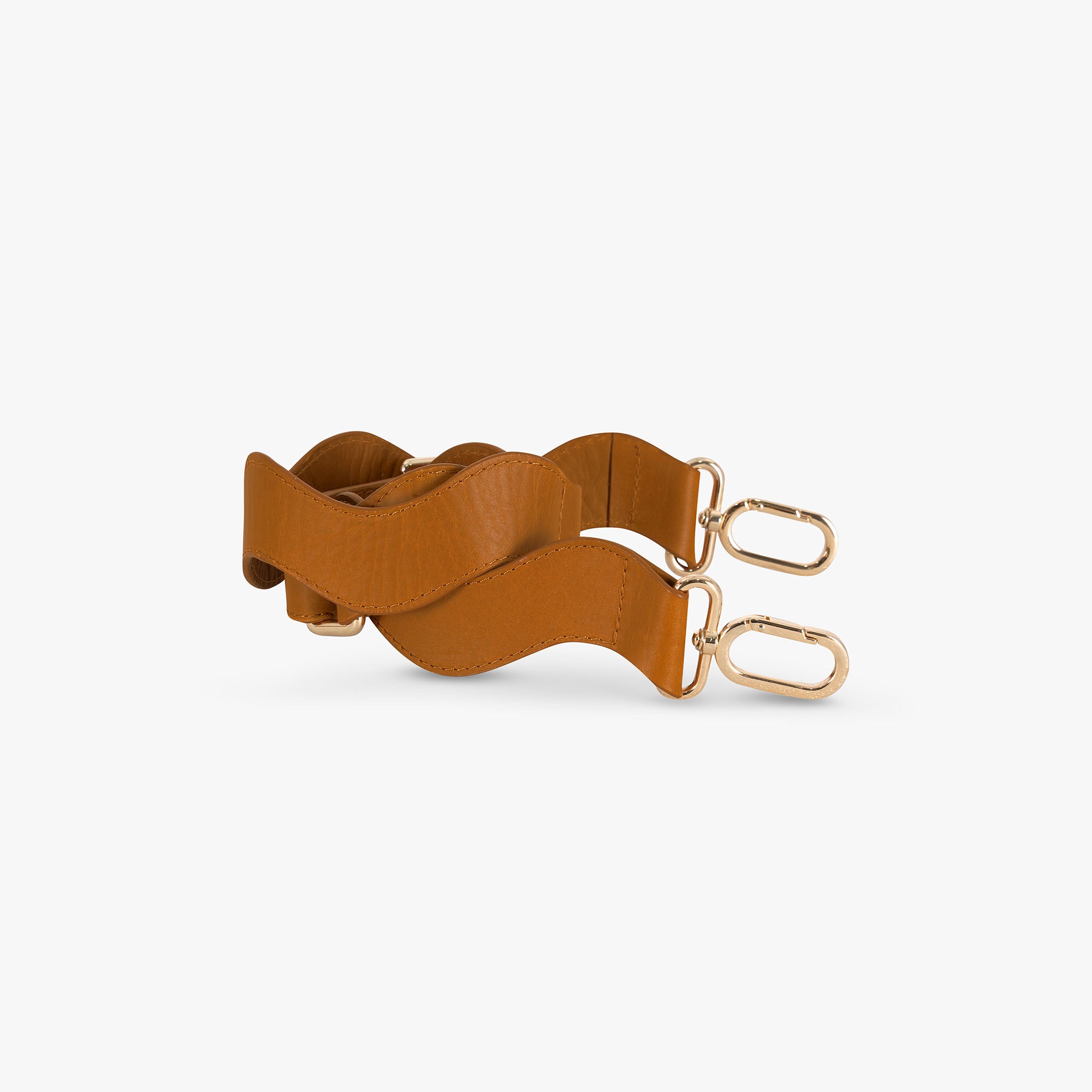 Brown leather belt with gold hardware on a white background