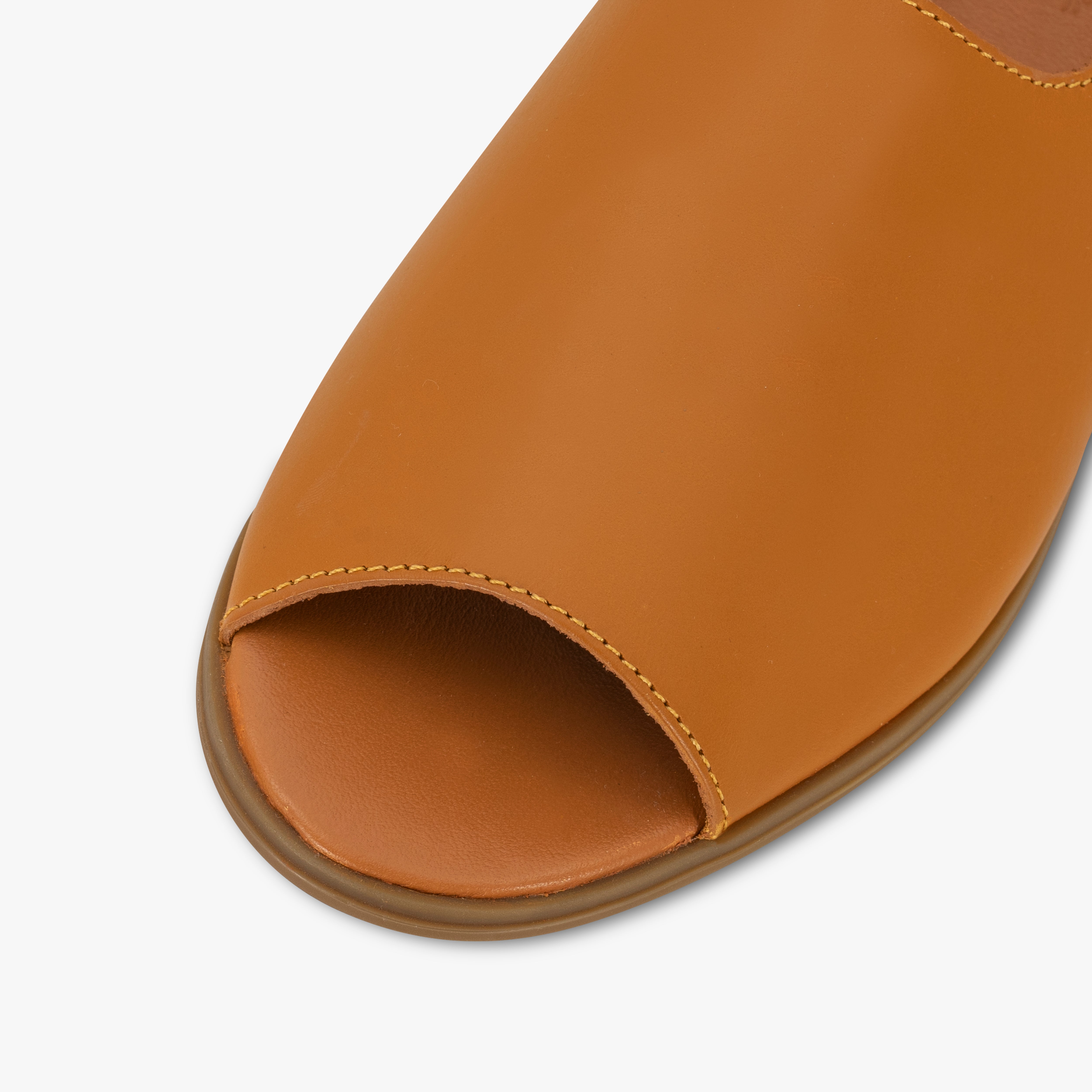 Close-up of a brown open-toe sandal on a white background