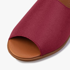 burgundy sandals close up top peep toes