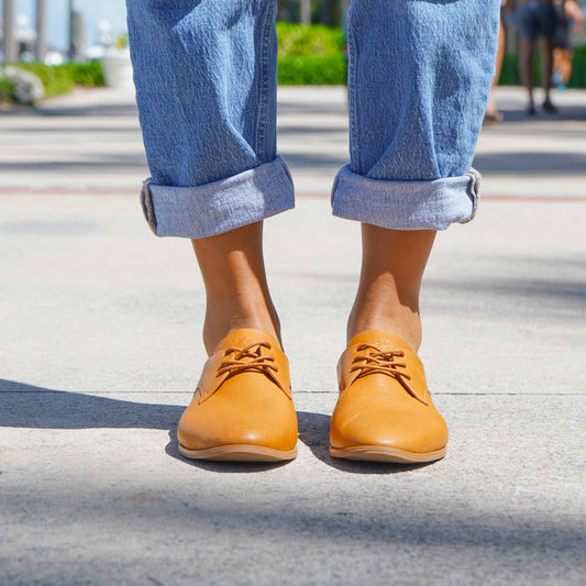 Close up caramel oxfords