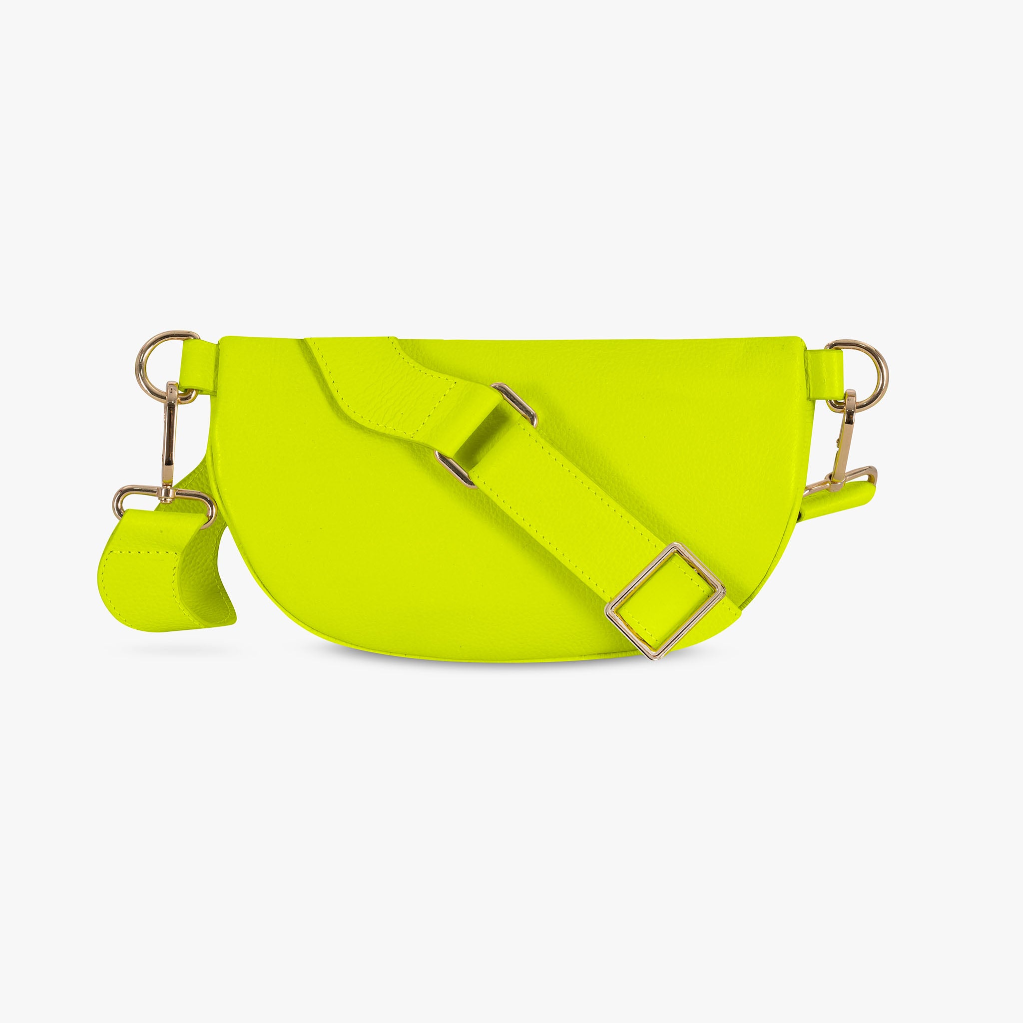 Neon yellow crossbody bag with gold hardware on a white background