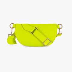 Neon yellow crossbody bag with gold hardware on a white background