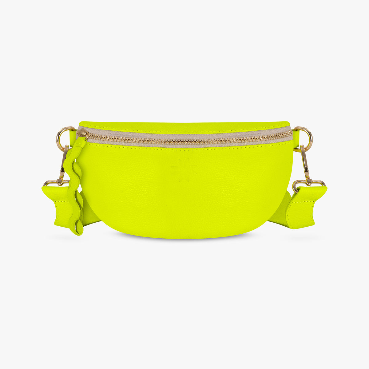 Neon yellow crossbody bag with strap on a white background