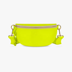 Neon yellow crossbody bag with strap on a white background