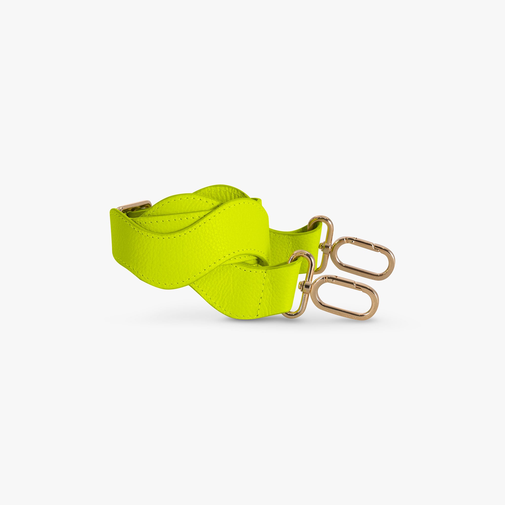 Neon green strap with gold hardware on a white background