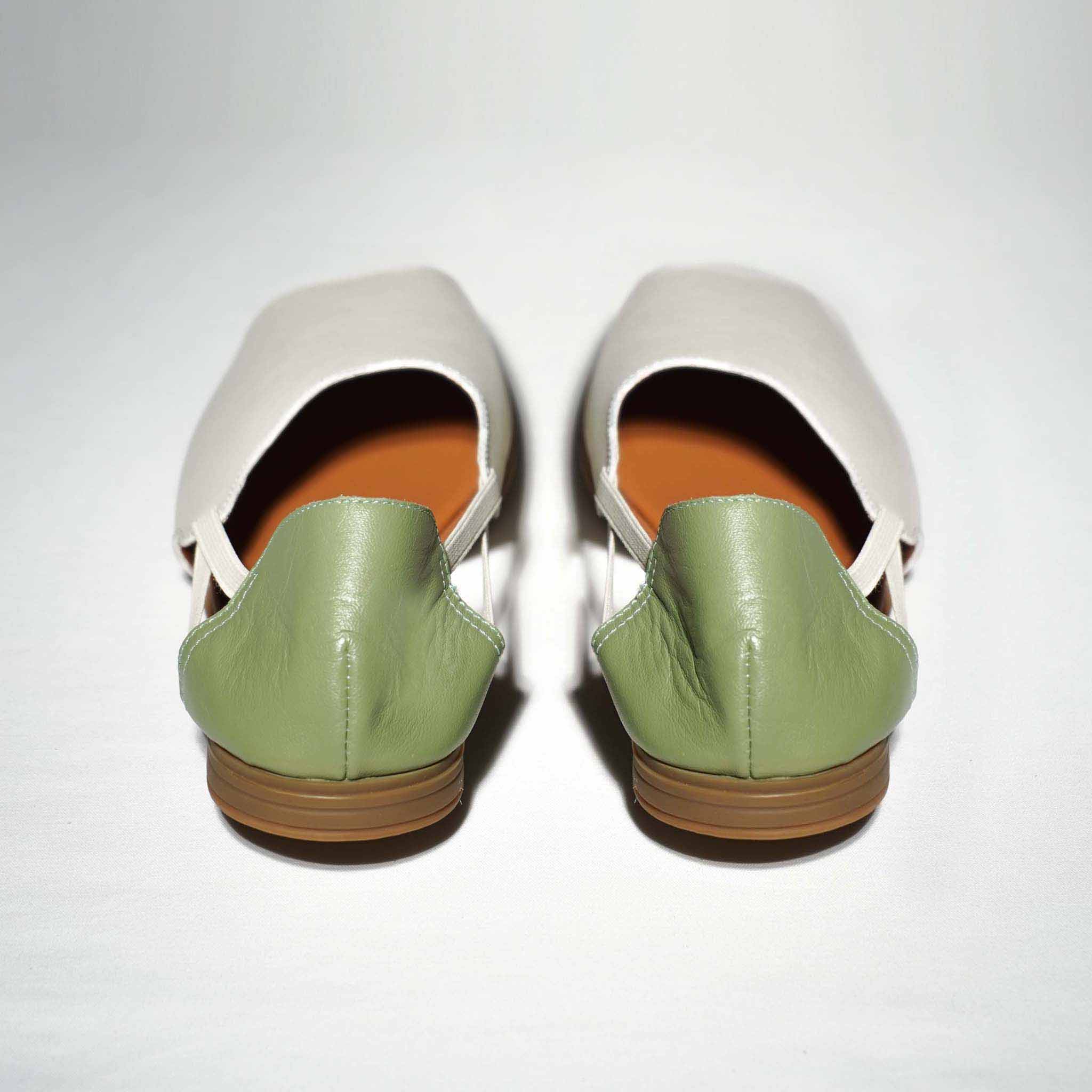 Womads green and cream sandals back view
