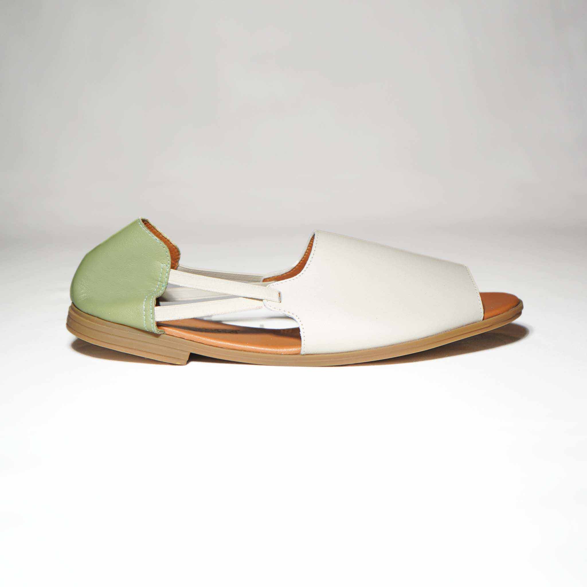 Womads green and cream sandals side view
